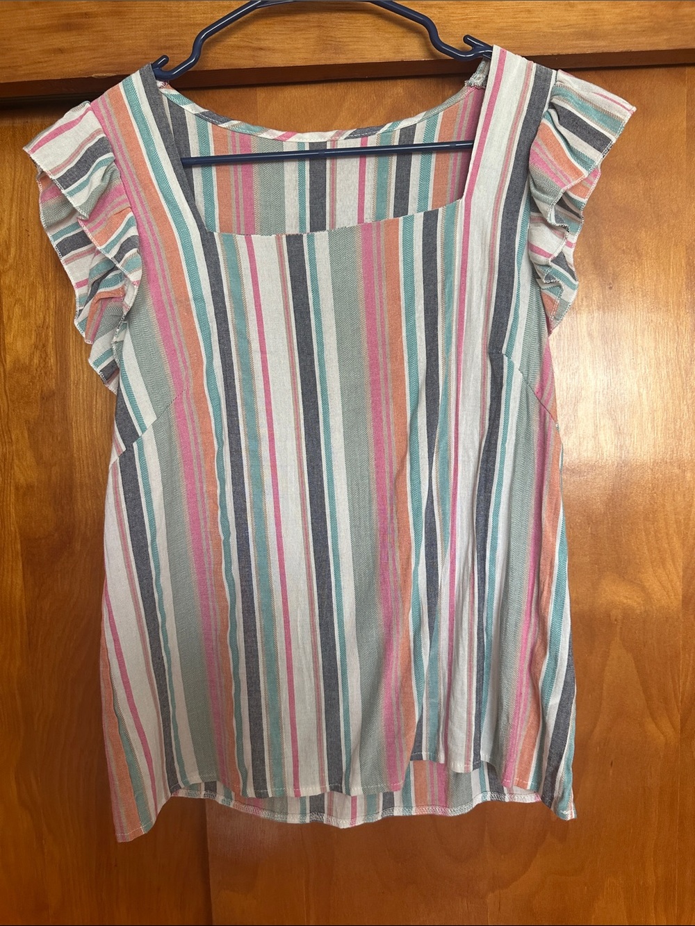 Sleeveless Ruffle Shoulder Striped Blouse in Pastel Multi